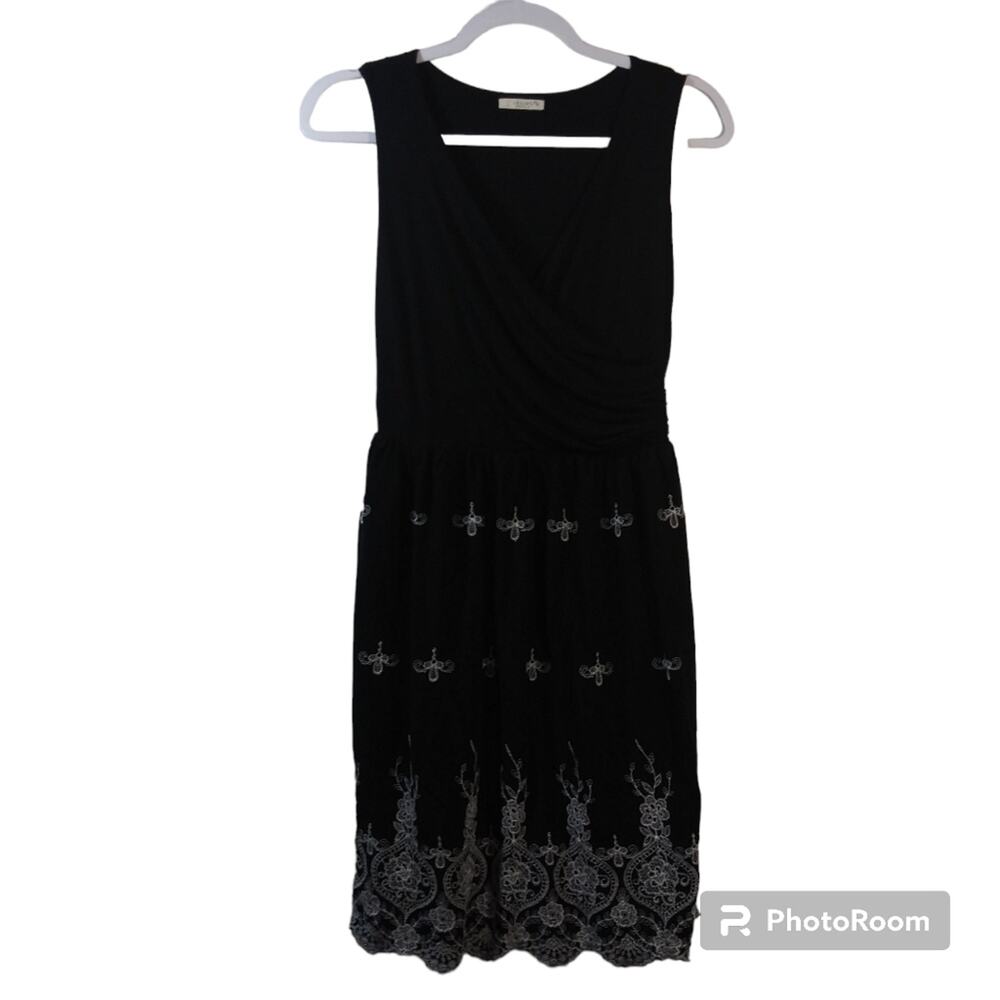Le Lis Black Embroidered Dress Faux Wrap Bodice Size M